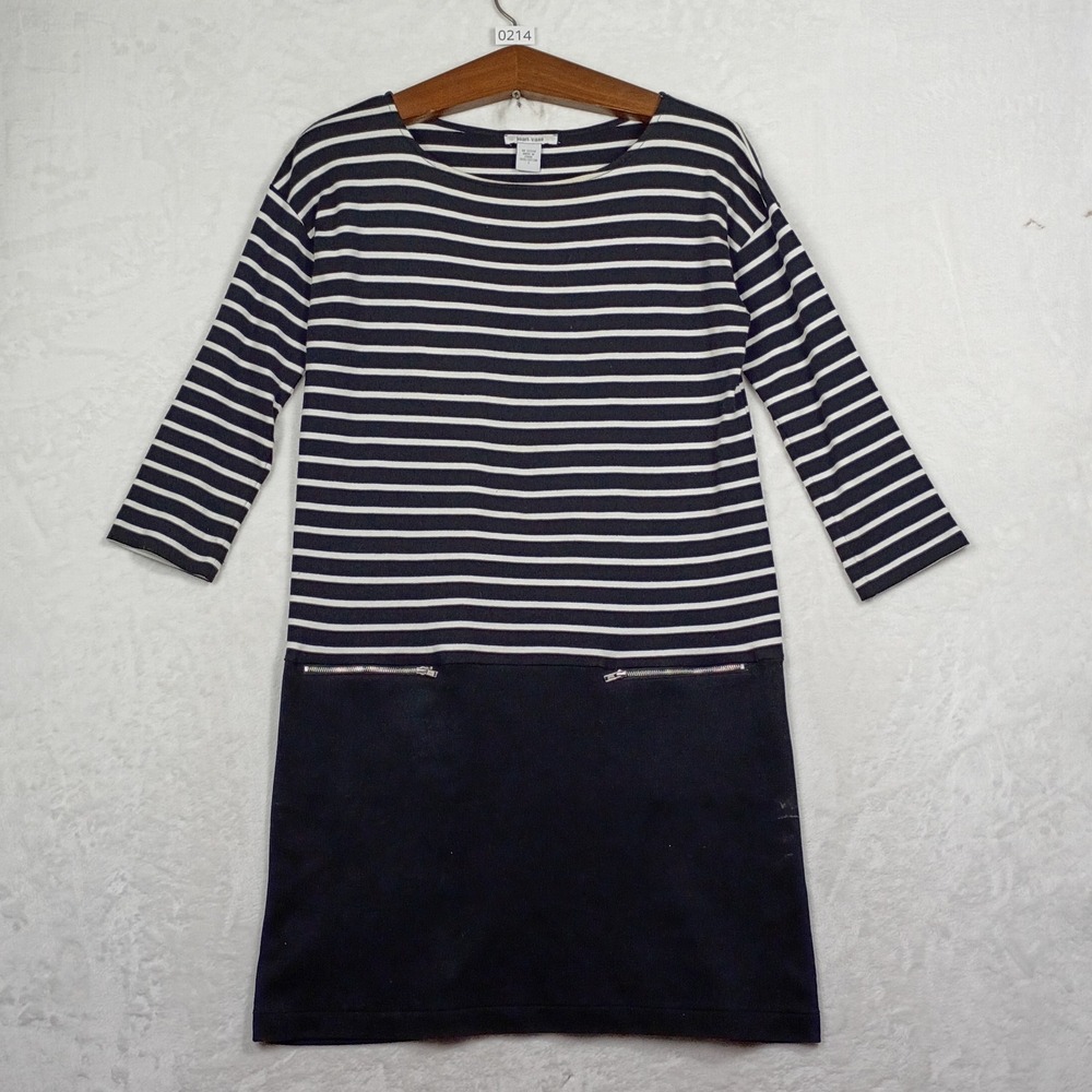 Joan Vass Womens Navy White Striped Cotton Knit 3/4 Sleeve Zipper Pocket Dress 1